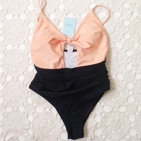 Cupshe Swim New Cupshe Swimsuit One Piece Black Pink High Cut Waist Tie Front Small Women